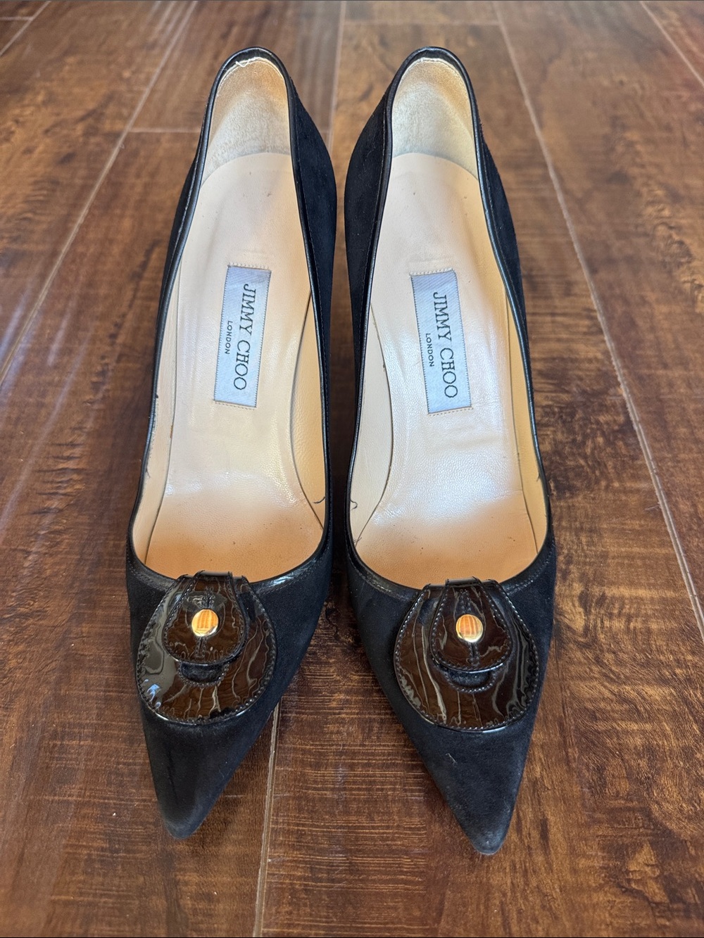 Jimmy Choo Black Suede Pointed Toe Pumps with Patent Accent - Size 38